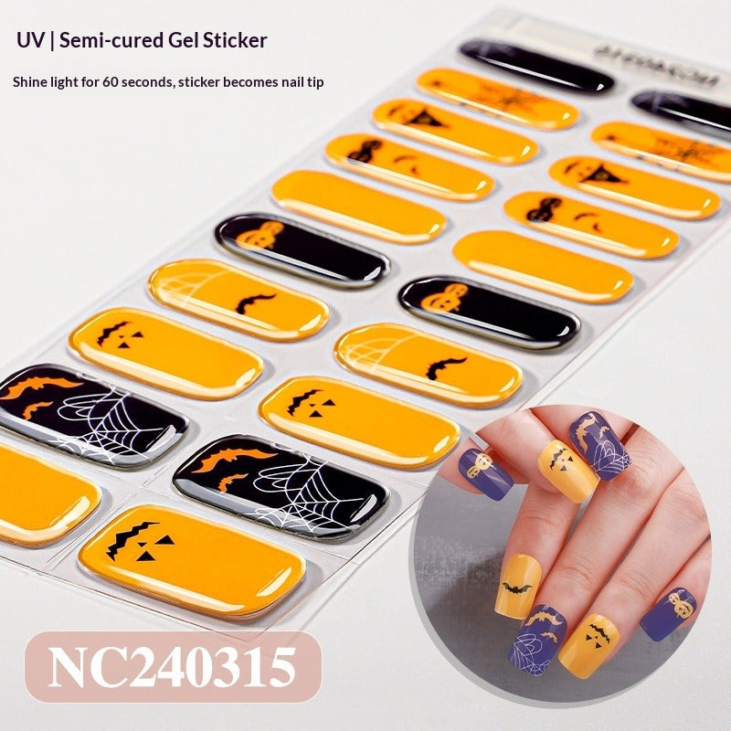 Semi-Cured Gel Nail Strips Halloween Glow Gothic Spiderweb Ghost Design (MOQ=3)