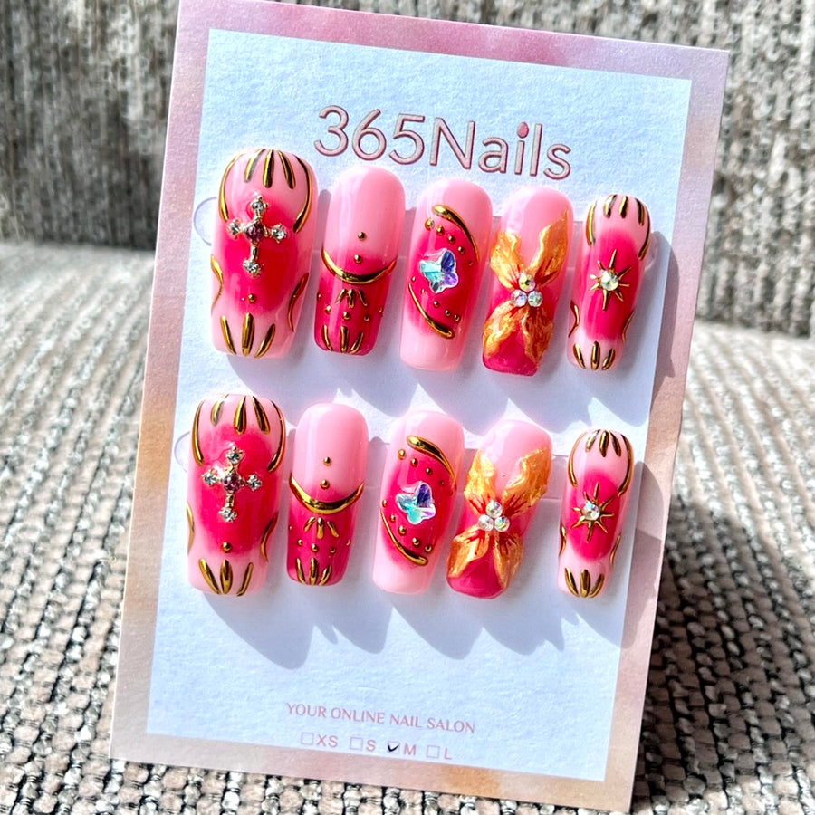 365nails: "Pink Renaissance Glam" – Handmade Medium Square Press-On Nails