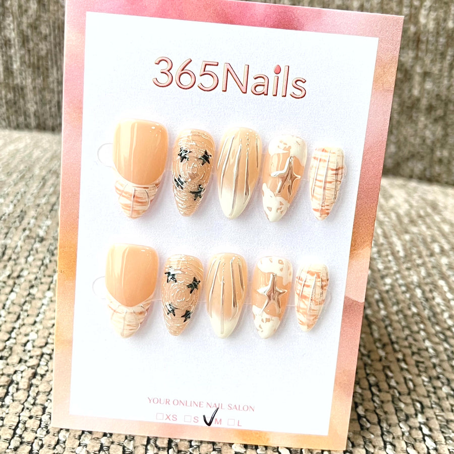 365nails: "Amber Whispers" – 3D Star & Line Art Handmade Almond Nails