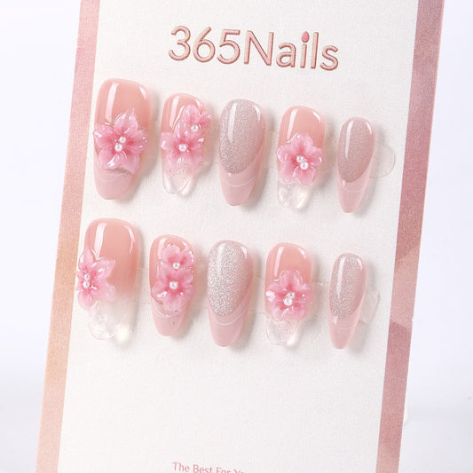 365Nails Blush Petal Long Almond Press-On Nails with 3D Flowers and Sugar Glitter