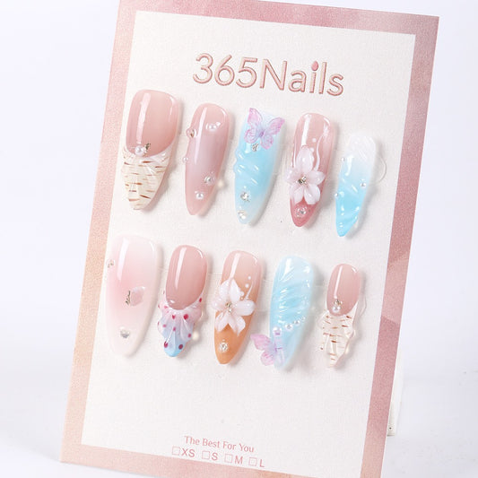 365Nails Sugary Pink-Blue Jelly Butterfly Blossom 3D Press-Ons