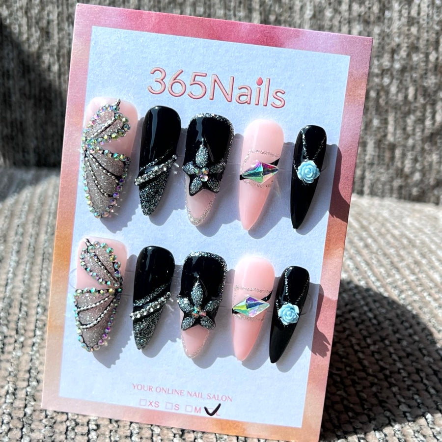 365nails: "Diva Diamant" – ongles press-on forme stiletto, fait main, 3D cristal et paillettes