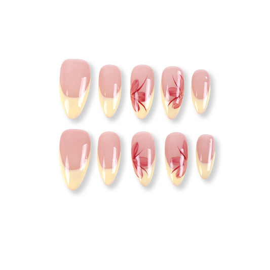 365nails nude base butter-yellow french with hand-painted florals almond press-ons
