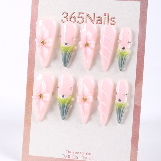 365Nails Creamy Blush with 3D Florals and Misty Green Leaf French Press-On Nails