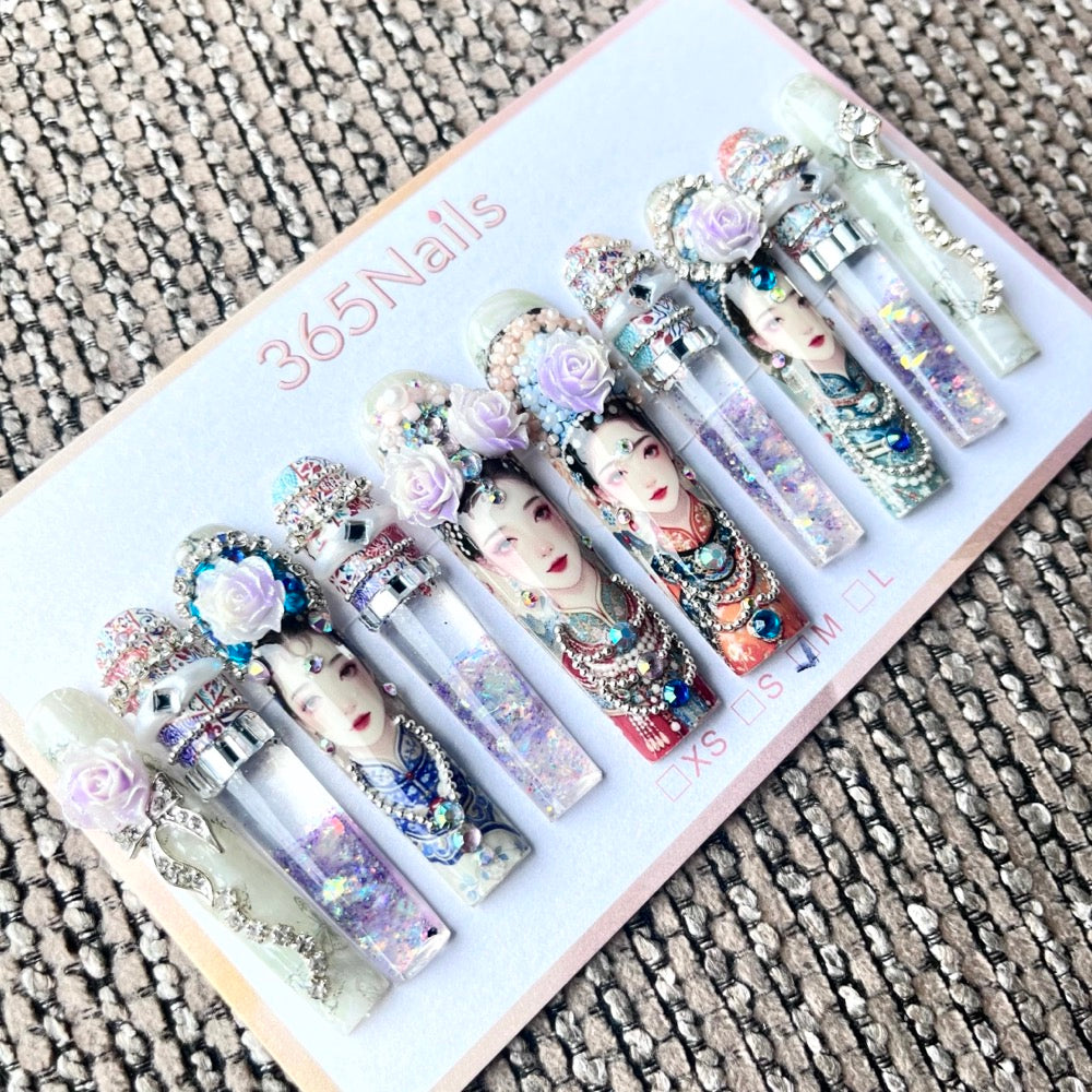 365nails: "Oriental Dream" – 3D Figure Painting Handmade Press on Nails Square Nails-5.5cm