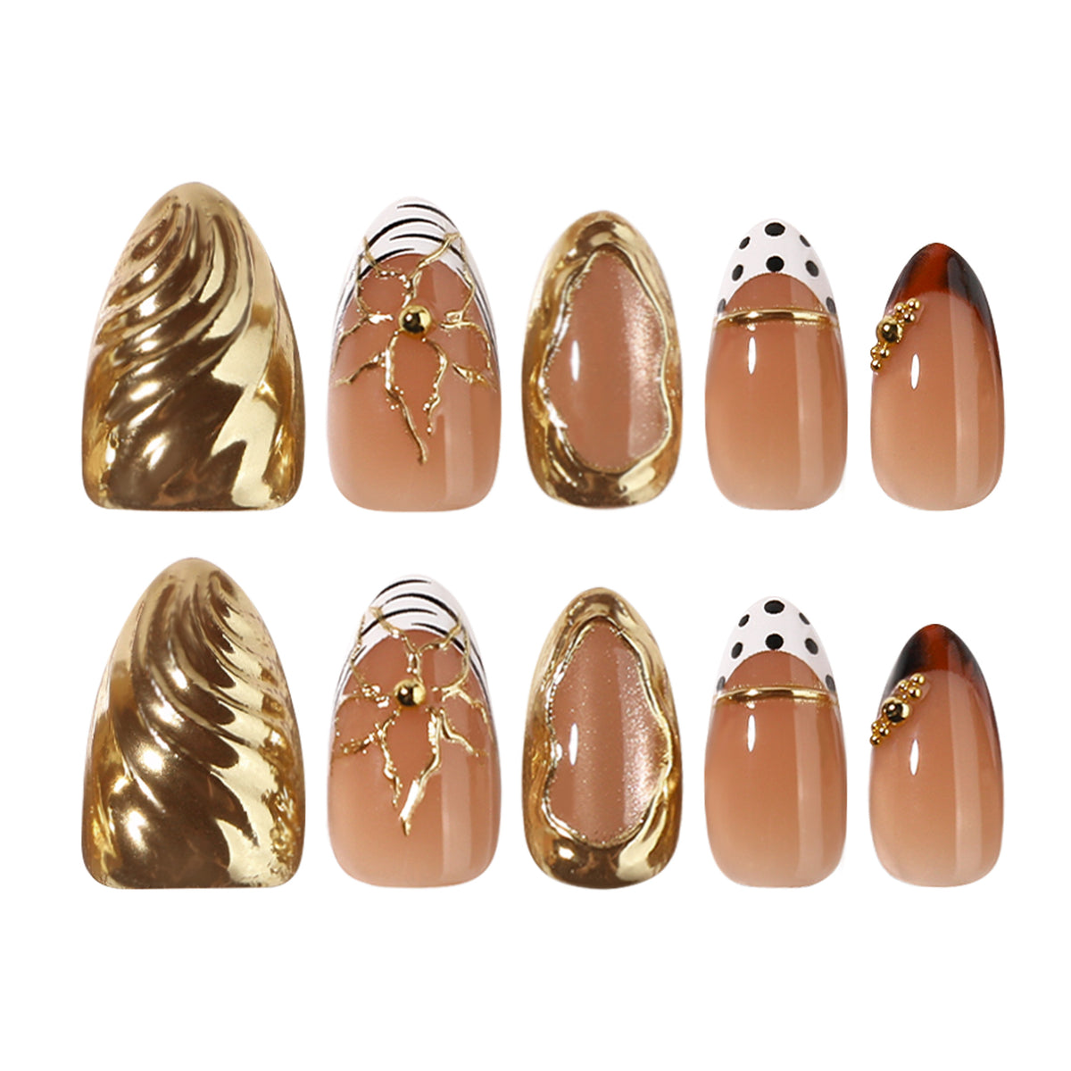 Ten assorted almond press-on nails with gold accents