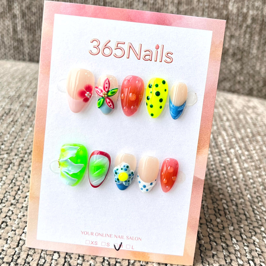 365nails: "Neon Oasis" – 3D Water Drops & Tropical Floral Handmade Almond Nails