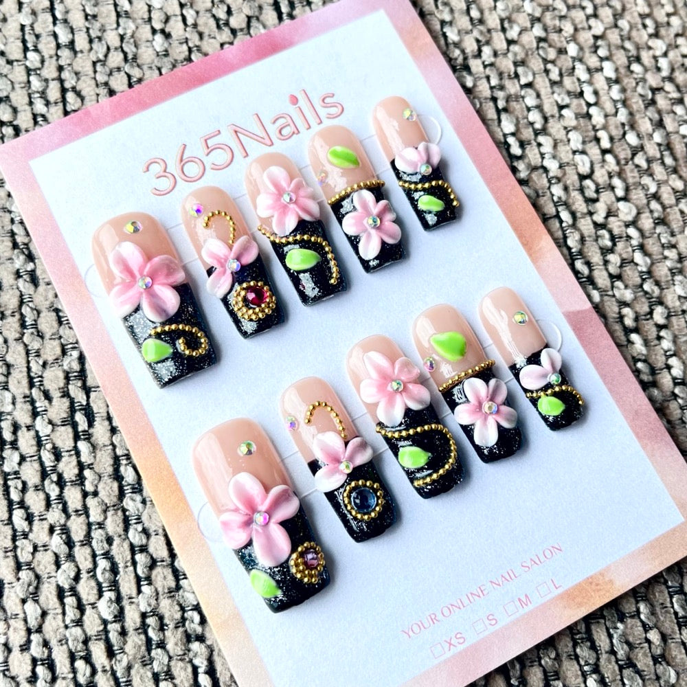 365nails: "Jardim Encantado" – Unhas Postiças Cônicas com Flores 3D e Corrente Dourada Feitas à Mão