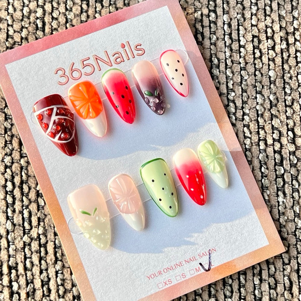 365nails: "Colorful Fruit Mix 3D" – Handmade Medium Stiletto Press-On Nails
