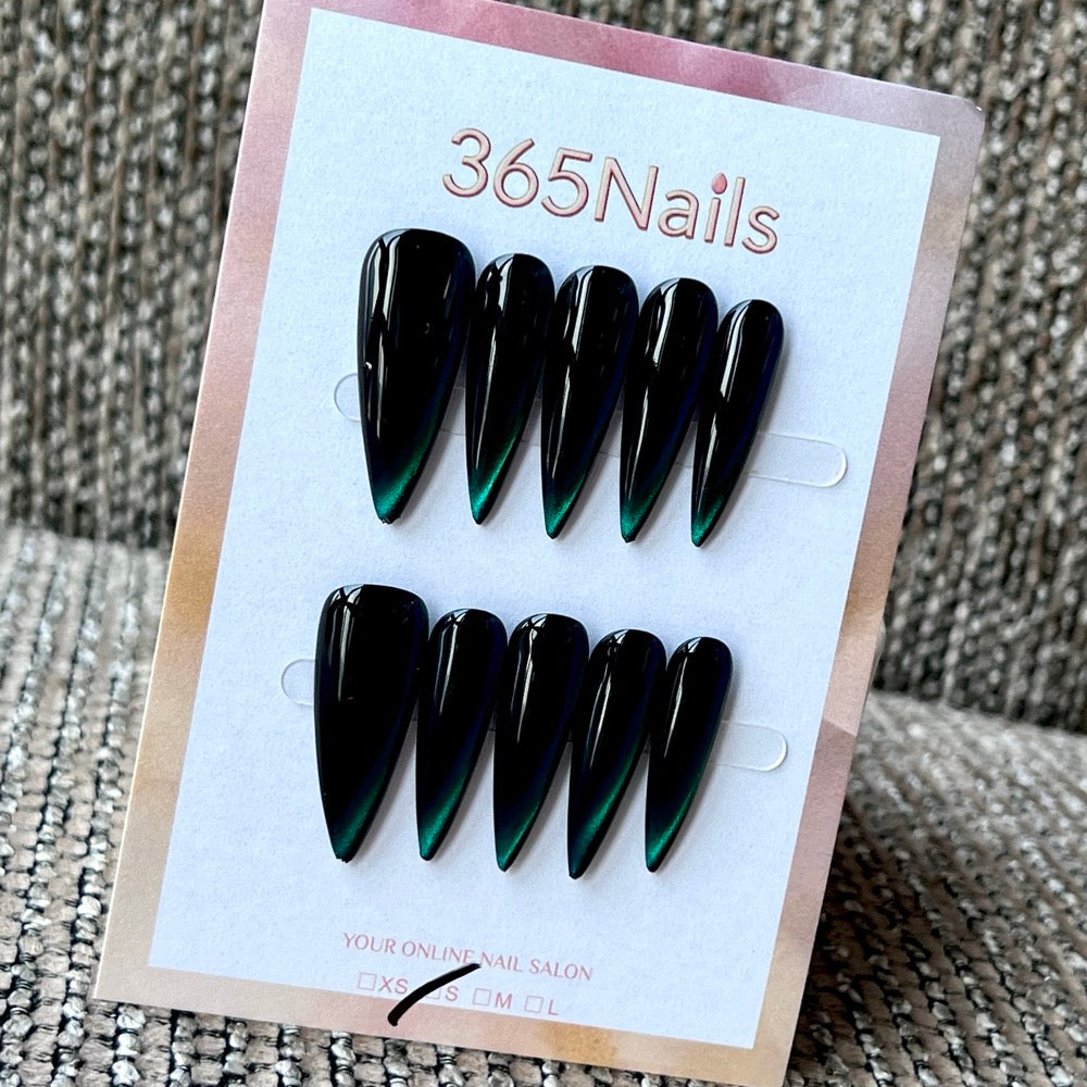 Emerald Eclipse - Black Green Cat Eye Press-On Nails