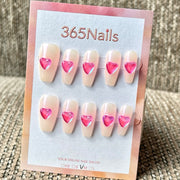 365nails 極光粉紅心 3D 立體心形 手工製 棺材形 穿戴甲