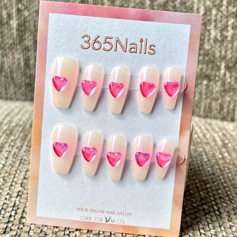 365nails: "오로라 핑크 하트" 3D 하트 수제 코핀형 프레스온 네일