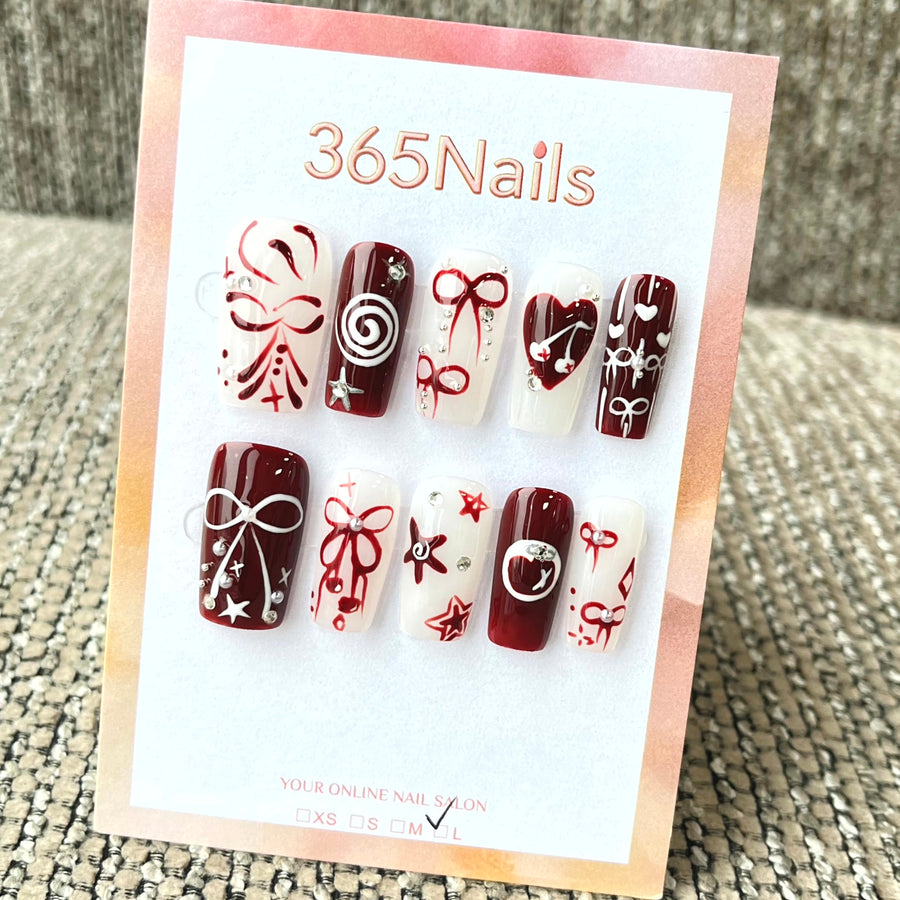 365nails: "진홍 리본" – 3D 리본 & 하트 수제 아몬드형 프레스온 네일