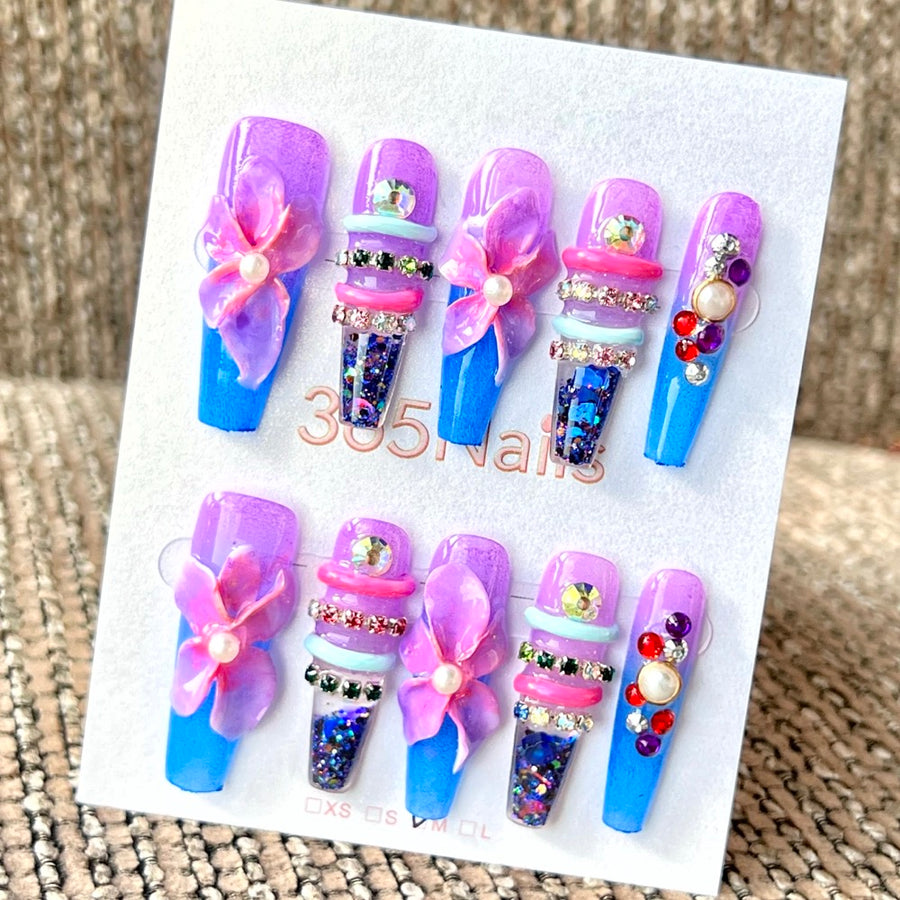365nails: "Lavender Orchid Bloom" – Handmade Liquid Motion Press-On Medium Square Nails-3.5cm