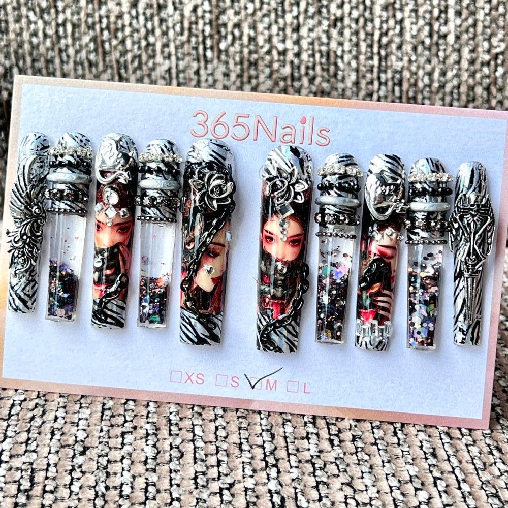 365nails: "Zebra Rebel Vixen" – Handmade Liquid Motion Press-On Long Pipe Nails-5.5cm