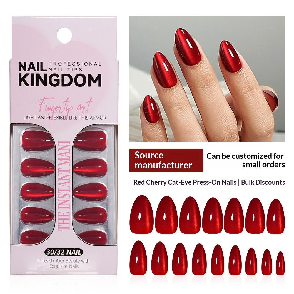 "Cherry Red Cat Eye" - Vibrant 32Pcs Press-On Nails Set