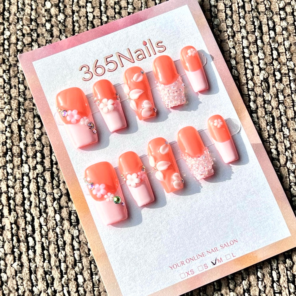 "Coral Floral & Crystal" - Wholesale Ultra-Soft Flexible Fit Handmade Nails (MOQ=100)