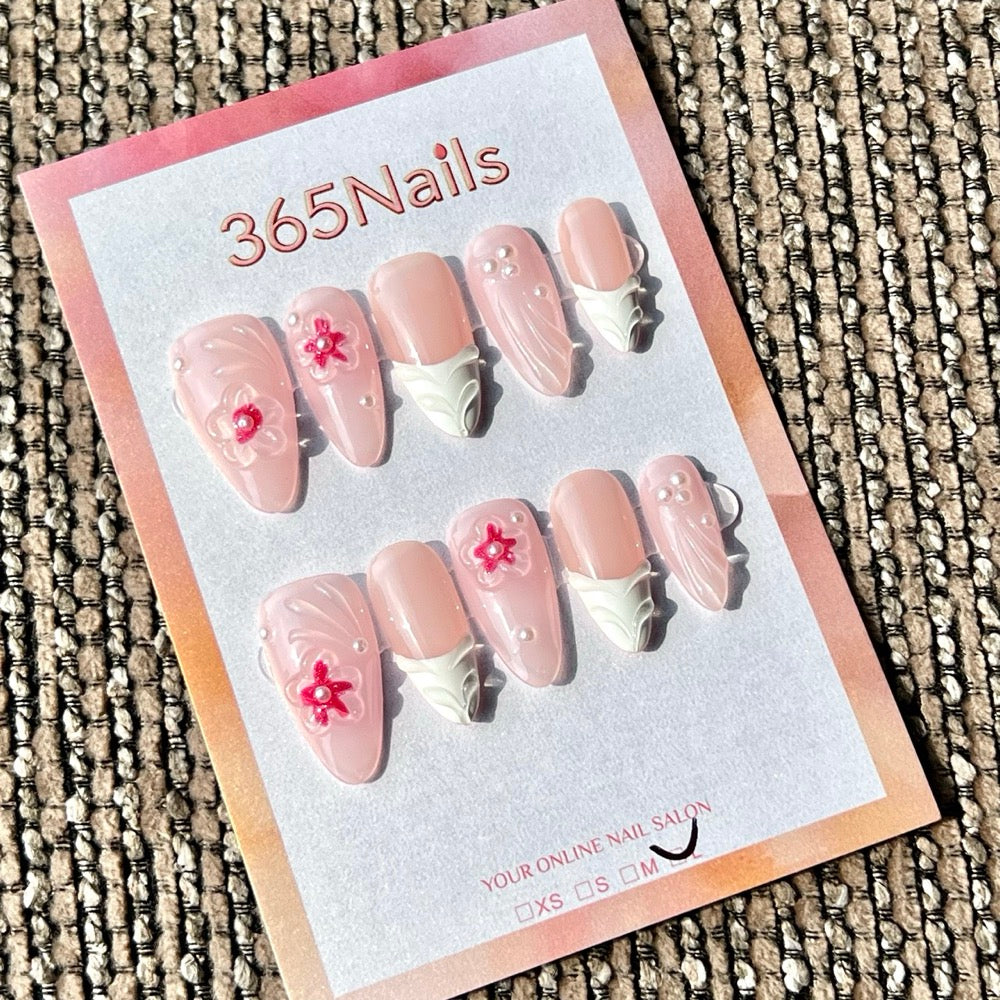 365nails: "Blush Pink Sakura Pearl" – 3D Flower & Wave Handmade Medium Stiletto Press-On Nails