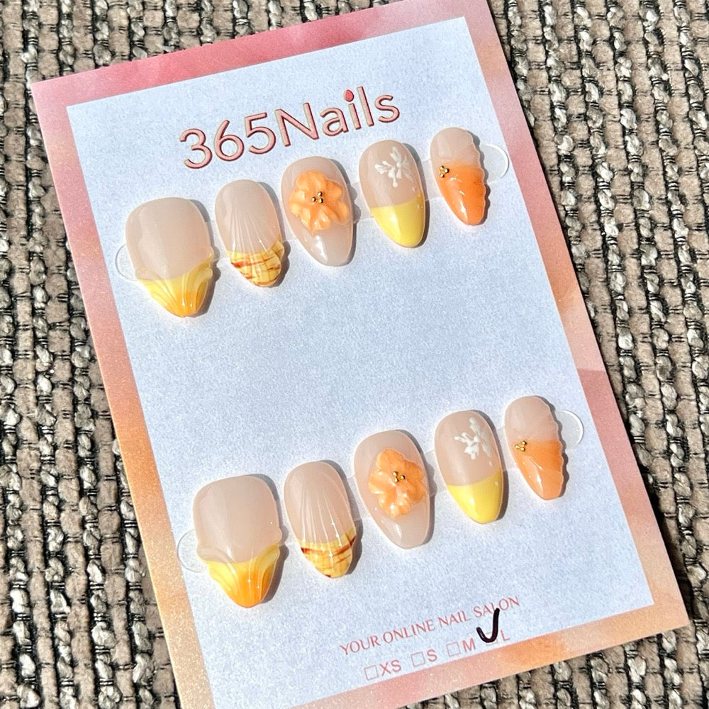 365nails: "Nude Yellow Orange Flower 3D Mix" – Handmade Short Almond Press-On Nails