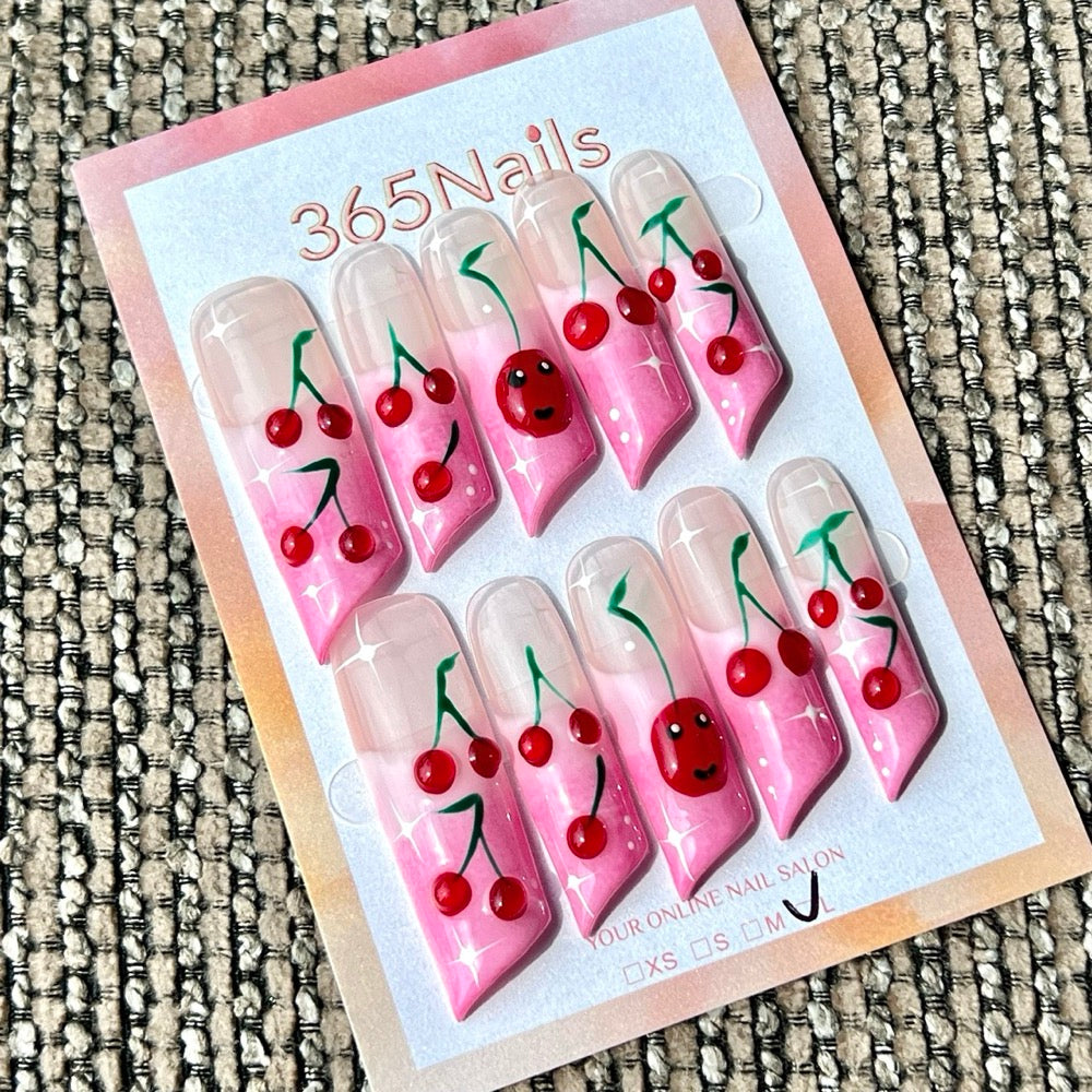 365nails: "Cute Cherry Gradient Long" – Handmade Long Stiletto Press-On Nails