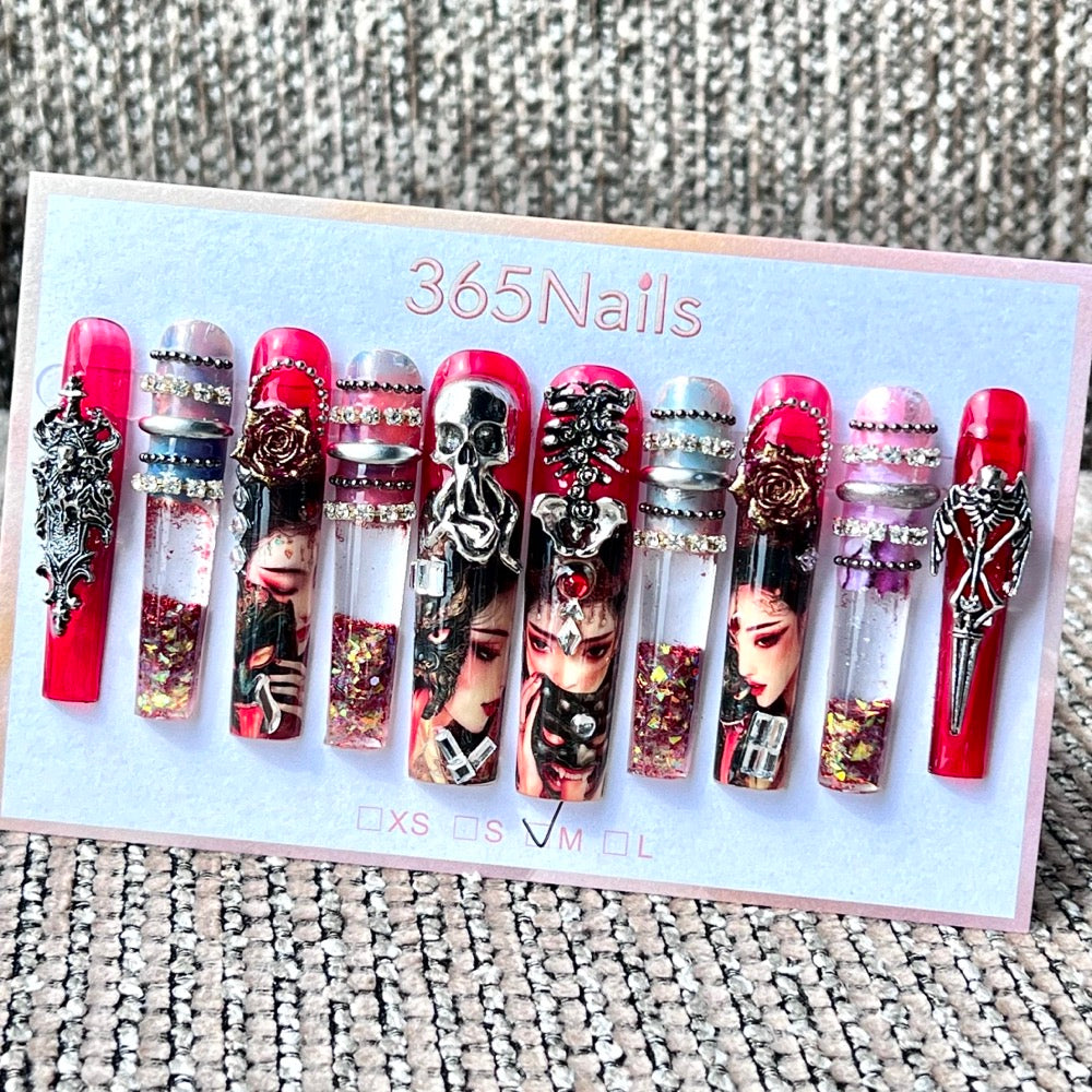 365nails: "Scarlet Geisha Skull" – Handmade Gothic Liquid Motion Press-On Long Pipe Nails-5.5cm