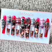 365nails: "Scarlet Geisha Skull" – Handmade Gothic Liquid Motion Press-On Long Pipe Nails-5.5cm