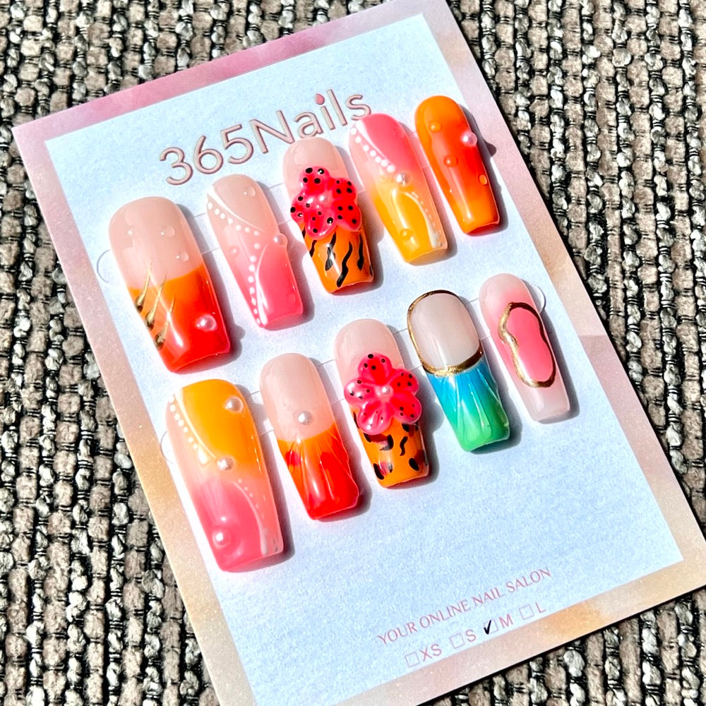 365nails: "Sunset Tropical Bloom" – Handmade Medium Square Press-On Nails