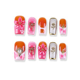 Orange-pink jelly gradient × 3D floral bow with rhinestones, medium square style Press On Nail