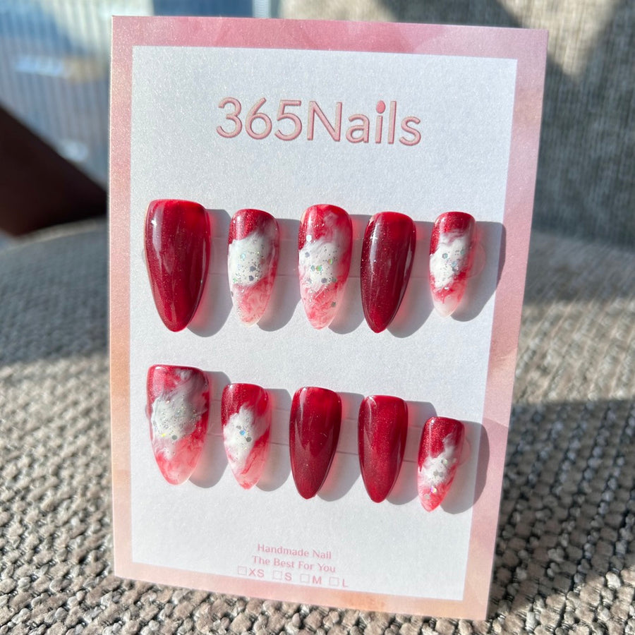 Snow Top Red Velvet & Tipsy Mulled Wine Vintage Burgundy White Marble Nails ｜ Handmade Smudge Series(moq=30)
