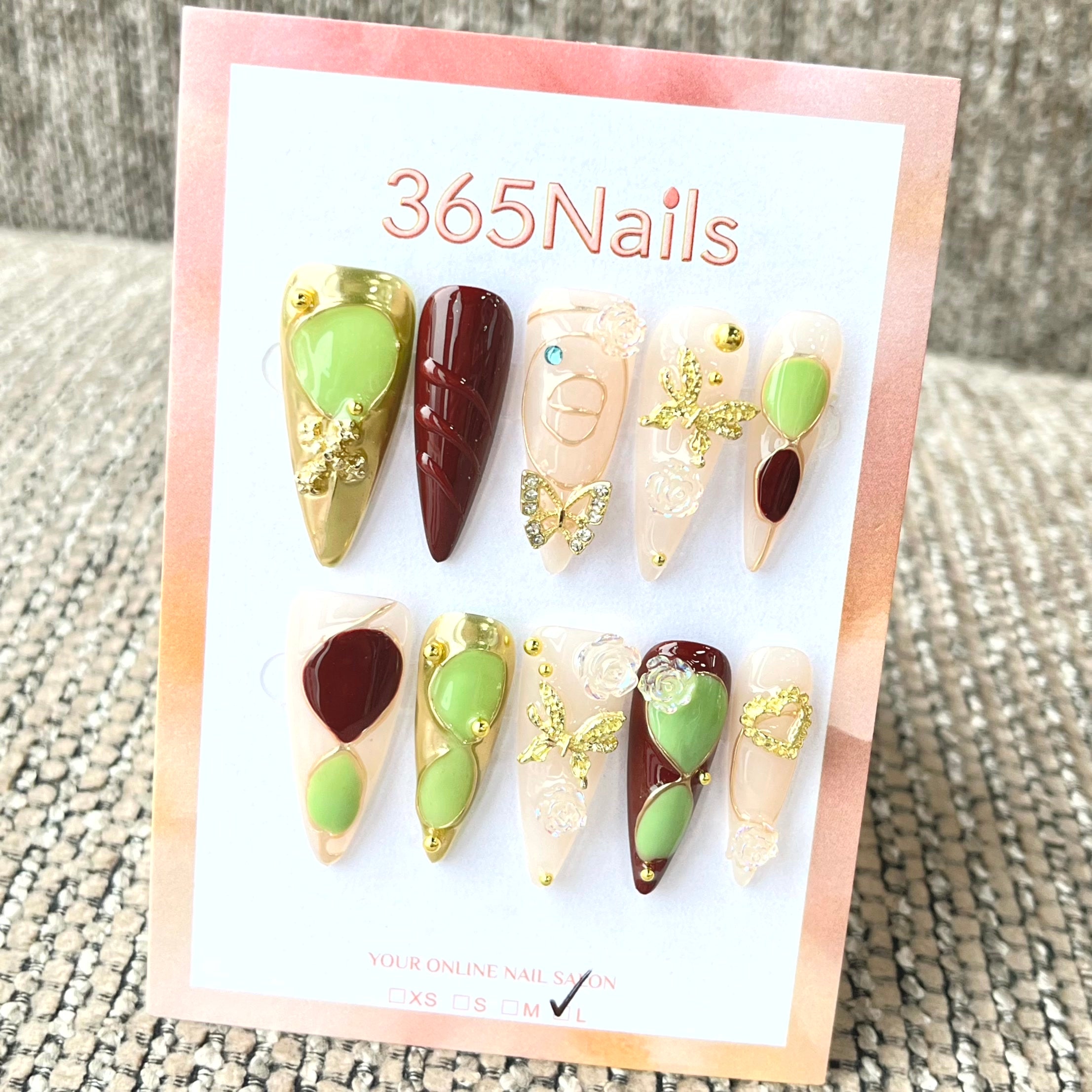 365nails：「抹茶松露」3D 蝴蝶抽象手工製長款杏仁形穿戴甲