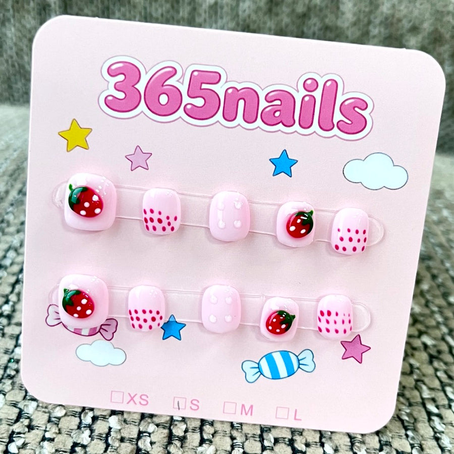 365nails: "Strawberry Patch" – 3D Strawberry & Polka Dot Handmade Short Square Nails