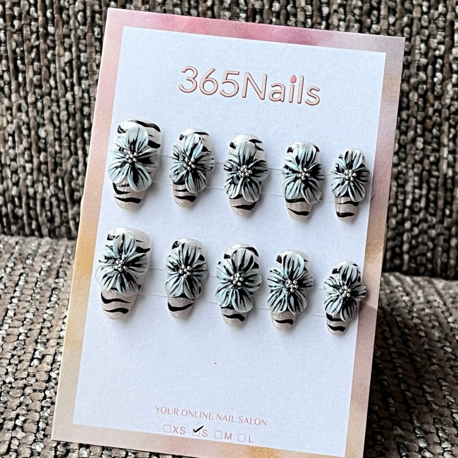 3D Floral Stripe Press-On Nails