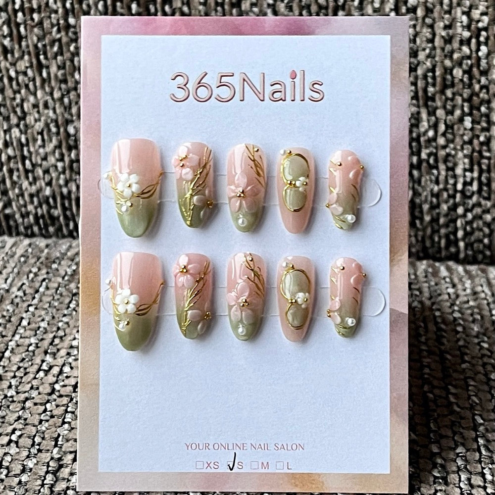 Nude Green Ombre Floral 3D Charm Press-On Nails