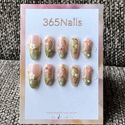 Nude Green Ombre Floral 3D Charm Press-On Nails