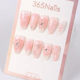 365Nails Milky Strawberry Press-On Nails Gradient French with Pink-White Hand-Painted Lines, 3D Jelly Flowers & Rhinestones