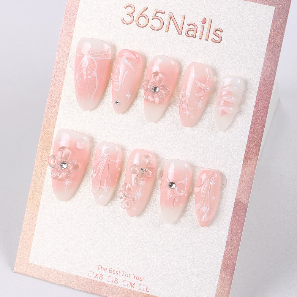 365Nails Milky Strawberry Press-On Nails Gradient French with Pink-White Hand-Painted Lines, 3D Jelly Flowers & Rhinestones