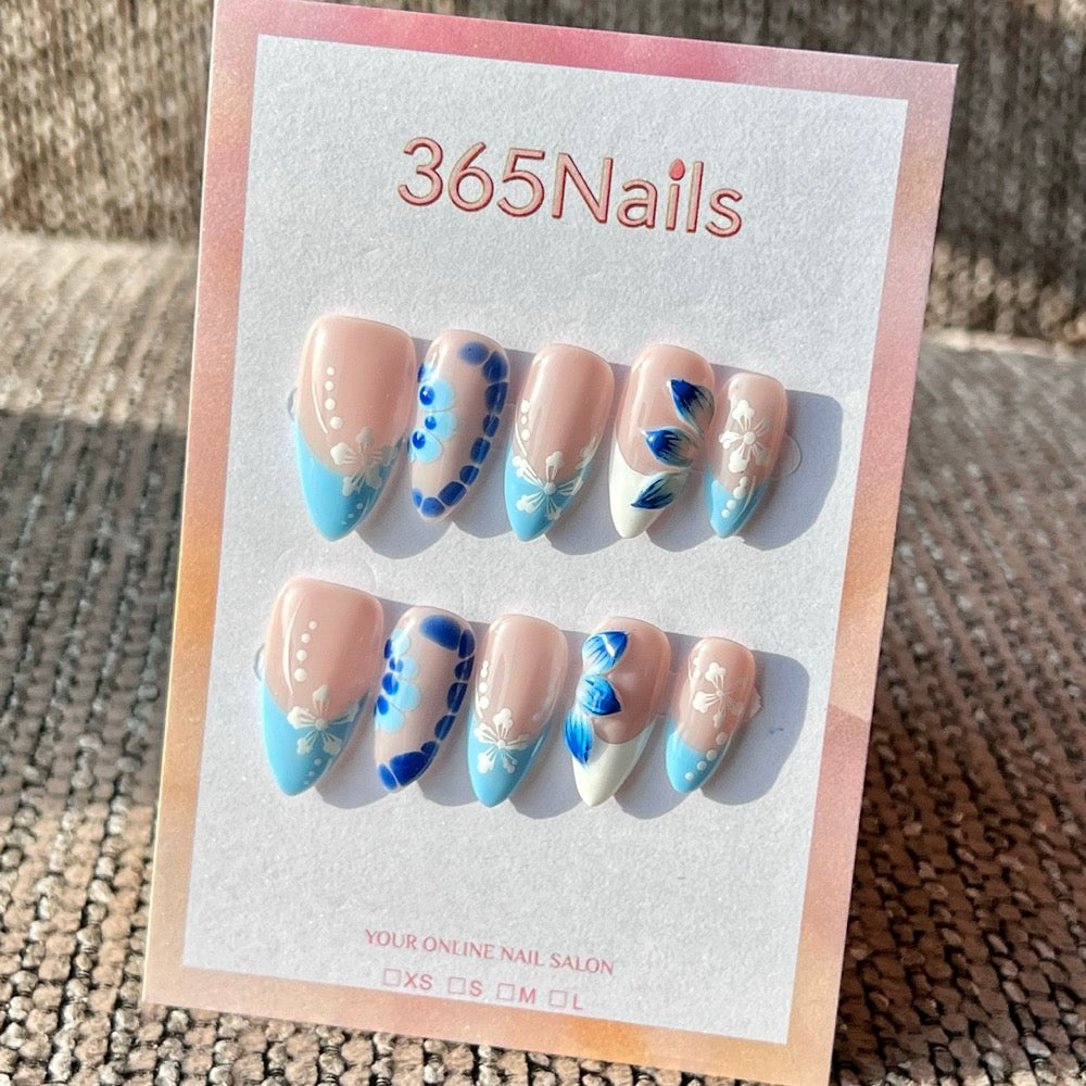 365nails: "Blue Floral French" – Handmade Medium Almond Press-On Nails