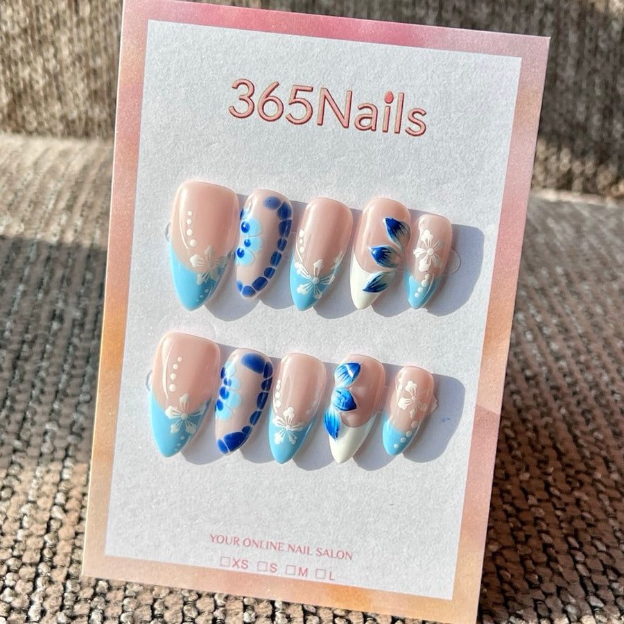 365nails: "Blue Floral French" – Handmade Medium Almond Press-On Nails