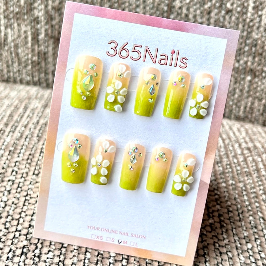 "Green Gradient Floral Crystal" - Wholesale Ultra-Soft Flexible Fit Handmade Nails (MOQ=100)