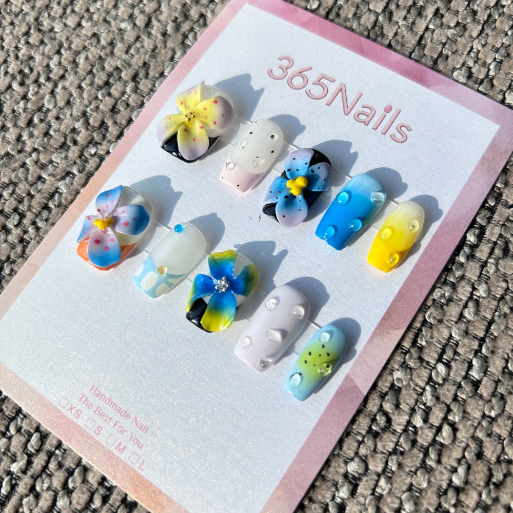 Handmade Watercolor 3D Floral Press-on Nails | Short Square | Dewdrops & Polka Dots