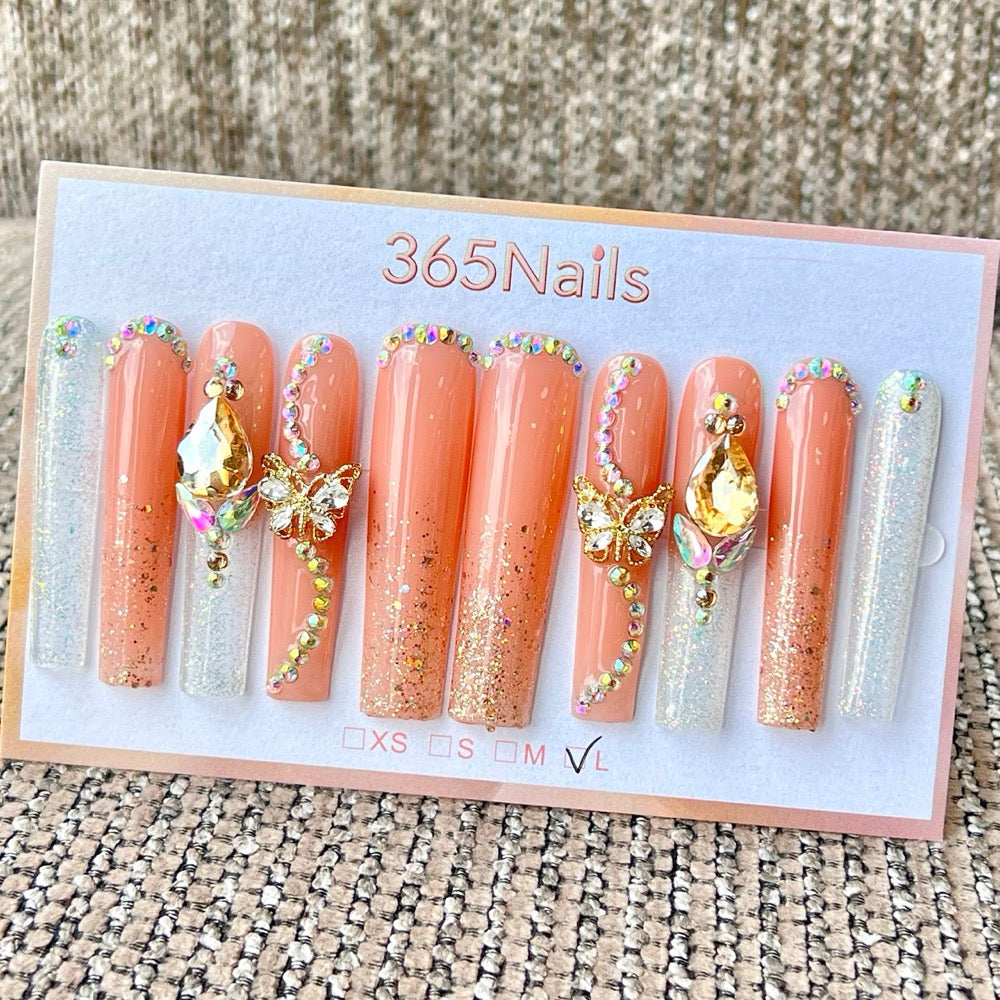 365nails: "Golden Hour" – 3D Butterfly Crystal Handmade Press on Nails Long Coffin Nails