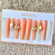 365nails: "Golden Hour" – 3D Butterfly Crystal Handmade Press on Nails Long Coffin Nails