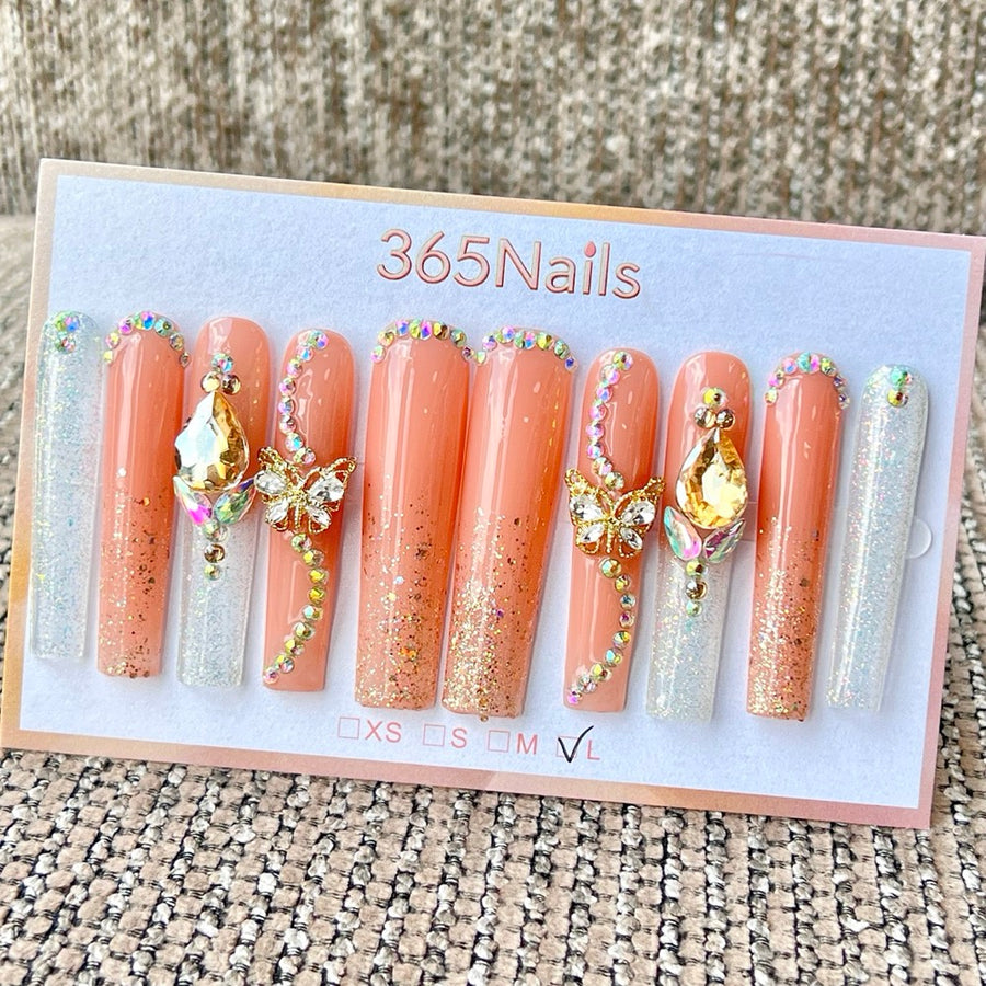 365nails: "Golden Hour" – Unhas Postiças Artesanais de Borboleta 3D com Cristais, Modelo Caixão Longo
