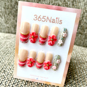 Sweet Bloom: "Pink Flower Pearl" – Long Coffin Press-on Nails