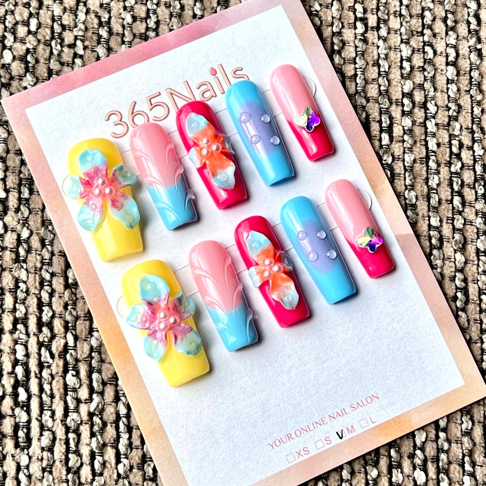365nails: 트로피컬 수채화 오키드 – 수제 미디엄 스퀘어형 프레스온 네일