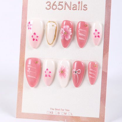 365Nails Sakura Peach Pink with 3D Petals, Ribbon Lines and Gold-Edged Accents – Sweet Medium Almond Press-On Nails