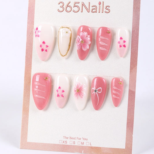 365Nails Sakura Peach Pink with 3D Petals, Ribbon Lines and Gold-Edged Accents – Sweet Medium Almond Press-On Nails