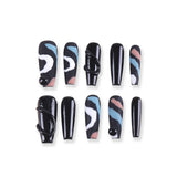 Black White Blue Peach Press-On Nails with Abstract Wavy Design