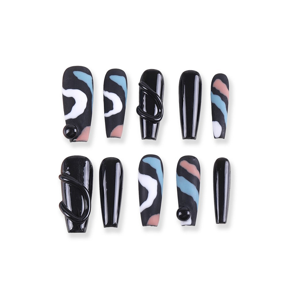 Black White Blue Peach Press-On Nails with Abstract Wavy Design