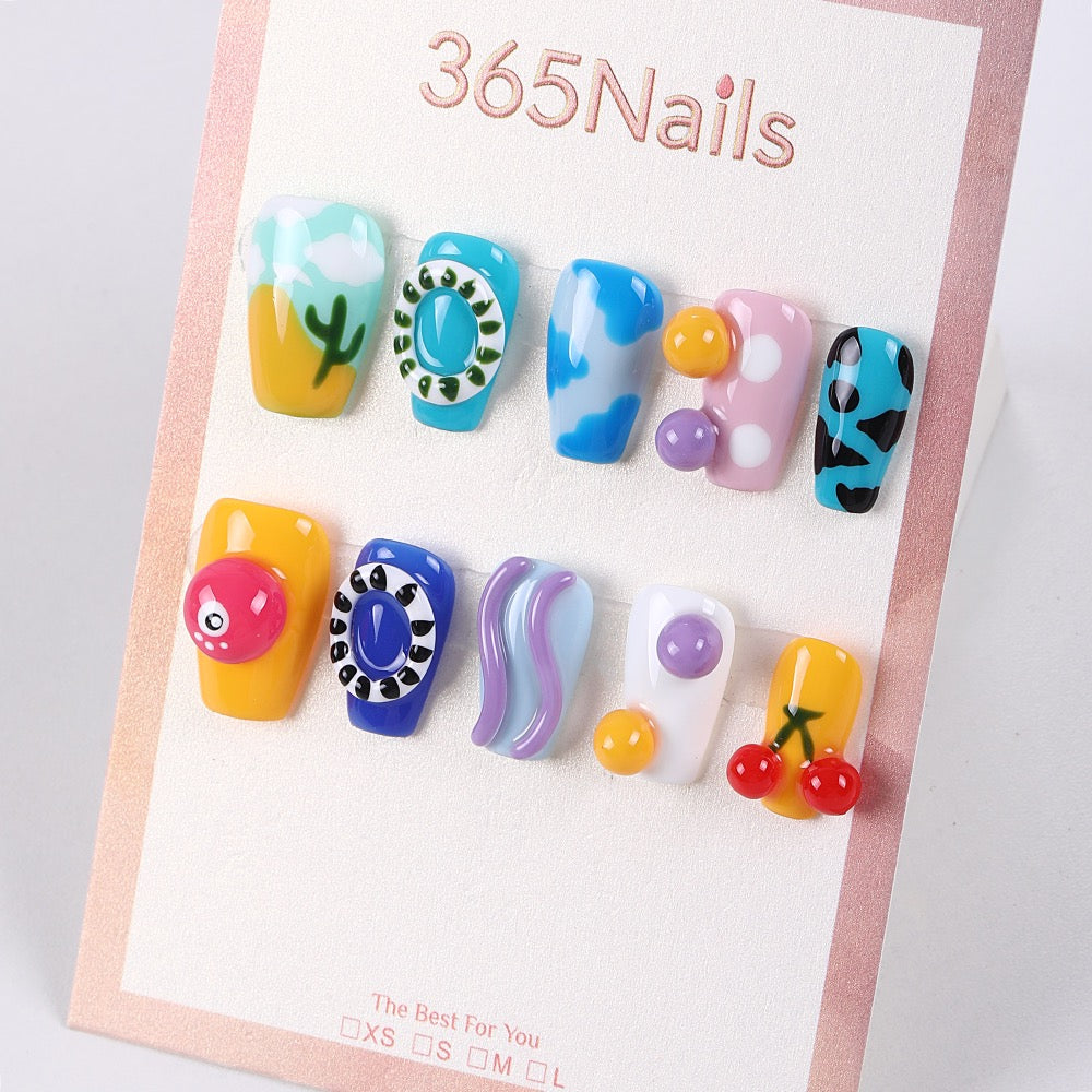 365Nails Playful Mix Hand‑Painted Short Square Tips